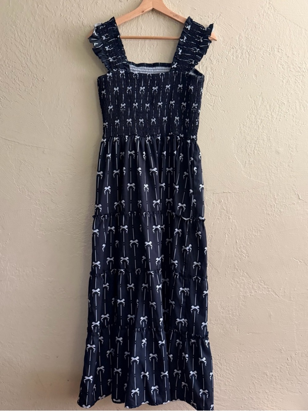 Wish Black and White Smocked Dress with Bow Accent